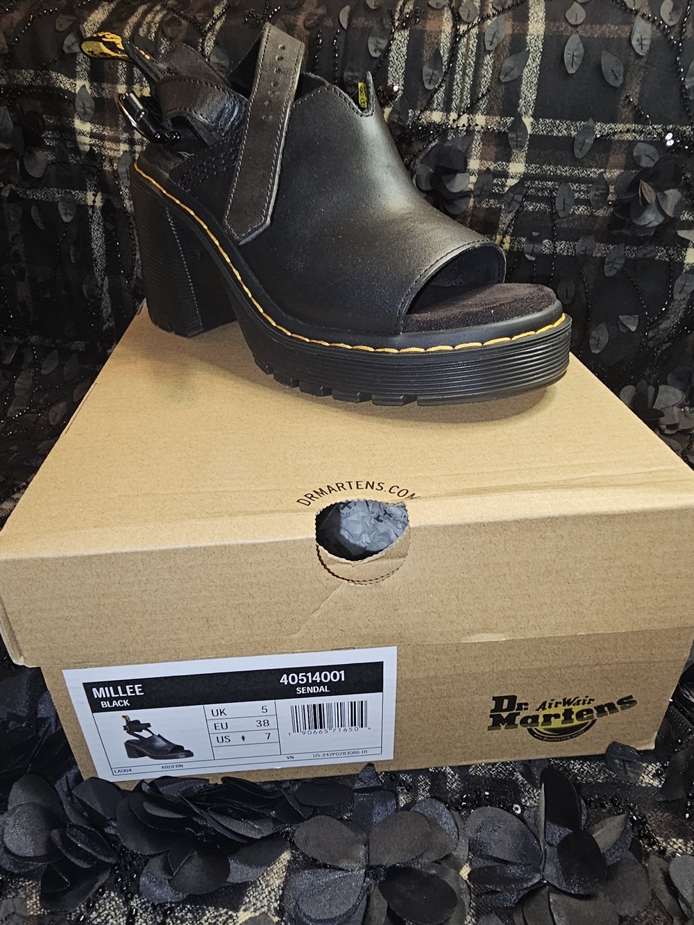 Dr. Martens Black Leather Platform Heel Sandal with Yellow Welt Stitching